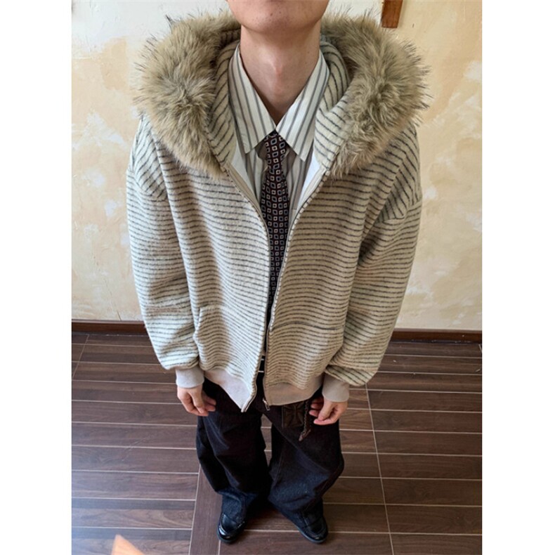美式毛领卫衣外套男款秋冬高级感宽松条纹帽衫设计感短款针织开衫,男装针织衫/毛衣,星座1116A（原606A-3）