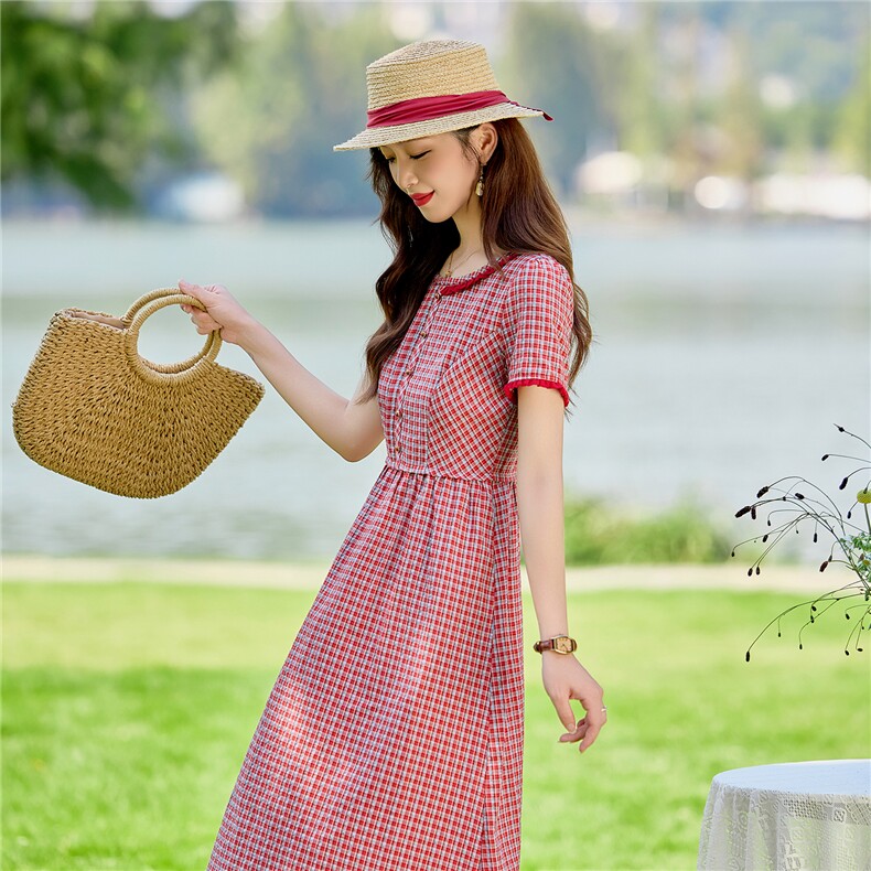 淑女风格纹连衣裙女春夏收腰显瘦中长裙格子裙子,女装连衣裙,水衣源