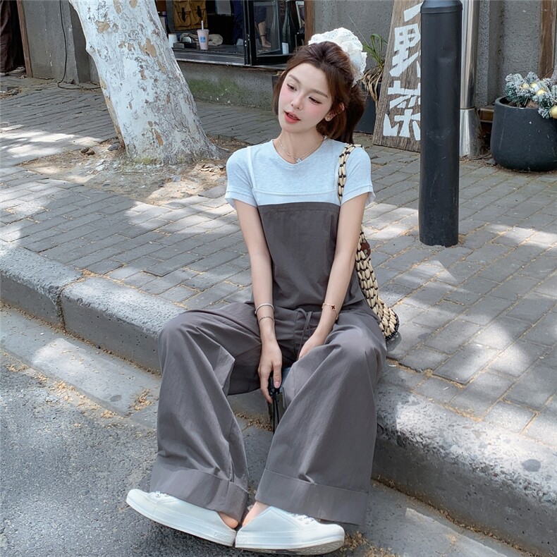 灰色假两件拼接套装女2025年夏季新款高级感休闲上衣阔腿裤两件套,女装套装/套裙,2C305