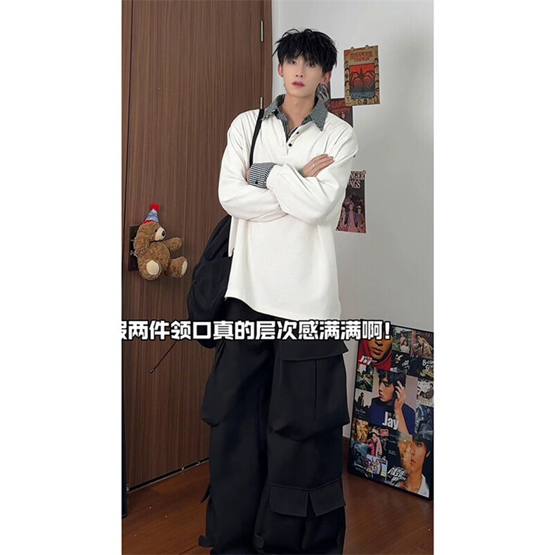 V领宽松休闲简约百搭上衣日系流行学院风条纹假两件卫衣HY713TP48,男装卫衣,电商A102B
