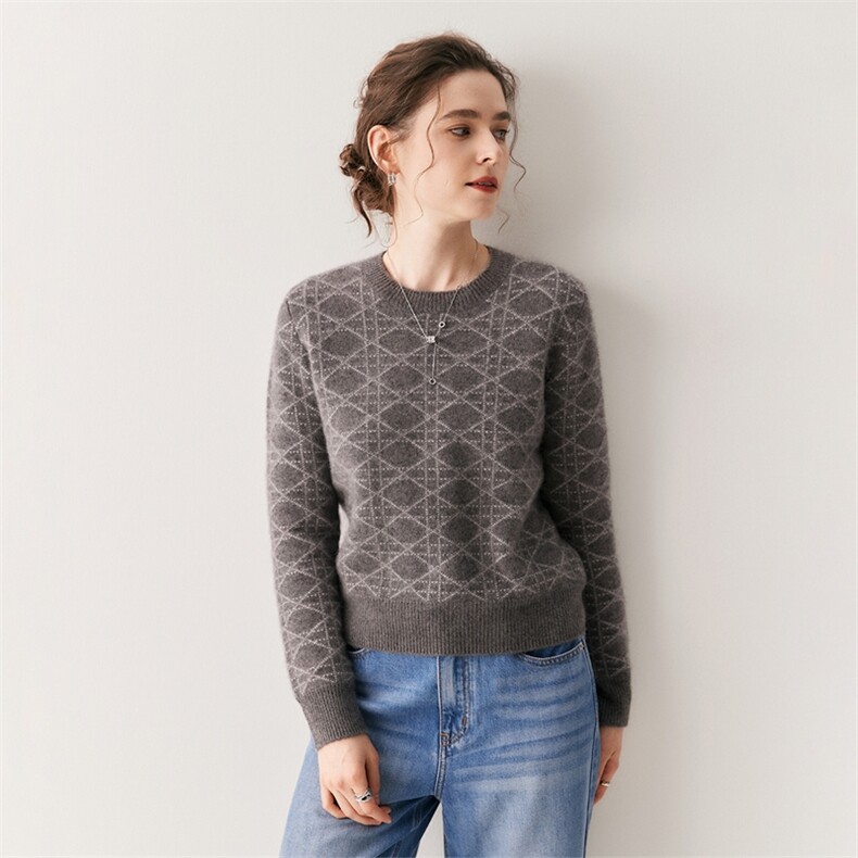 秋冬款山羊绒衫女圆领菱形格提花套头加厚毛衣宽松针织打底羊绒衫，女装针织衫/毛衣，绒创羊绒