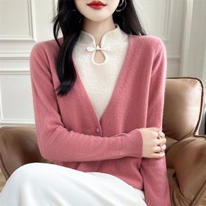 羊毛衫女假两件中国风立领打底衫新中式毛衣女针织内搭拼色长袖图片