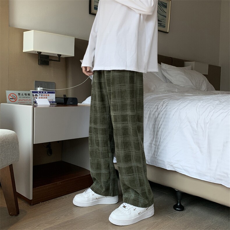 灯芯绒格子裤子男春秋潮流ins直筒阔腿裤G3013P32,男装休闲裤,星座1116-2