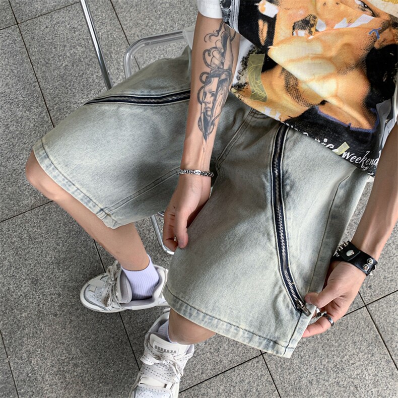 B221美式ins高街暗黑小众拉链牛仔短裤五分裤LK23101-P60控78,男装牛仔裤,电商B221