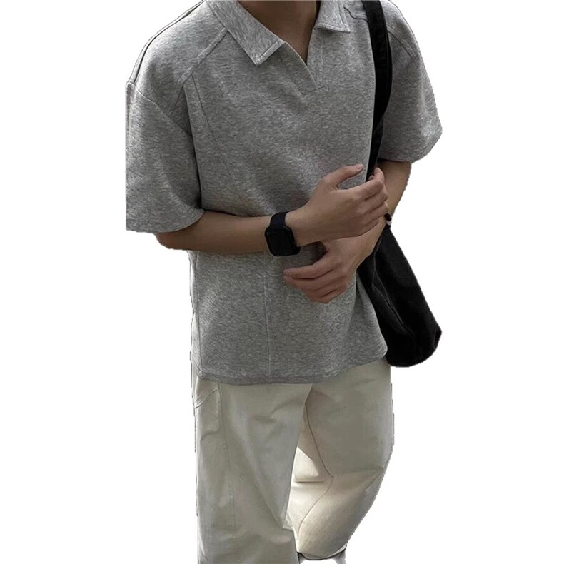 纯色翻领T恤男女秋季美式cleanfit复古设计感长袖T恤polo衫情侣装,男装T恤,星座506A