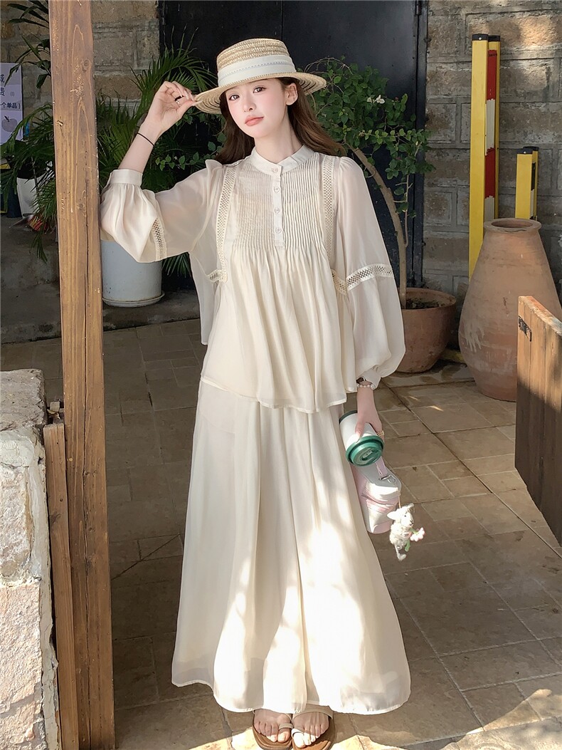 超仙时尚雪纺套装女2026春夏新款半透减龄显瘦流行阔腿裙裤三件套,女装套装/套裙,衣秀之家