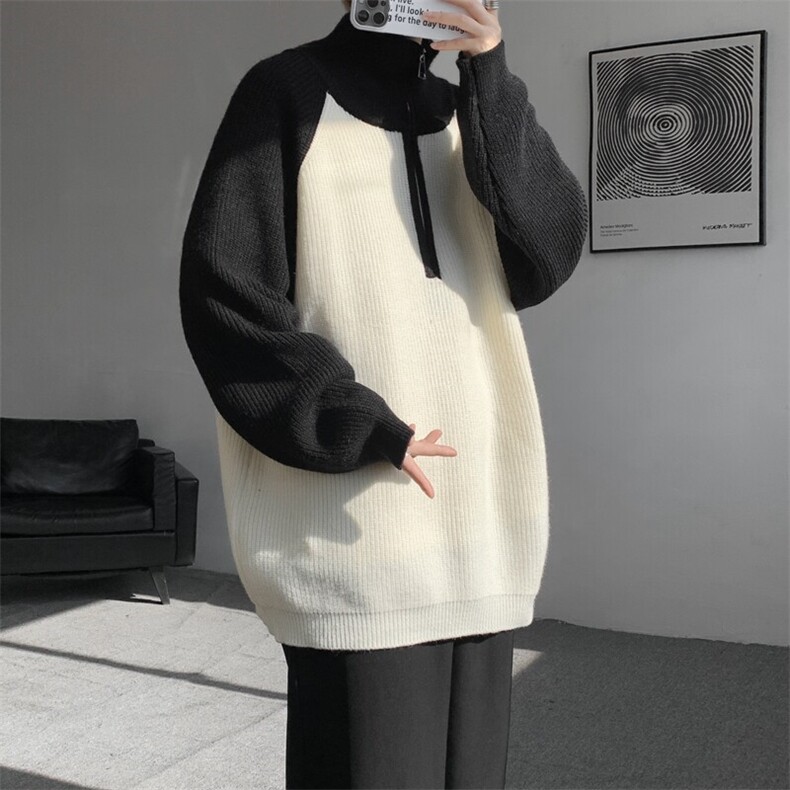 8XL-M撞色半拉链毛衣宽松慵懒风插肩袖大码针织衫外套MY1513/P75,男装针织衫/毛衣,电商B238