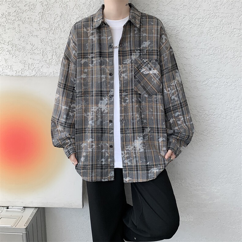 衬衫男秋季新款港风宽松大码格子扎染刺绣长袖衬衣CS3016-P38，男装衬衫，星座214-3