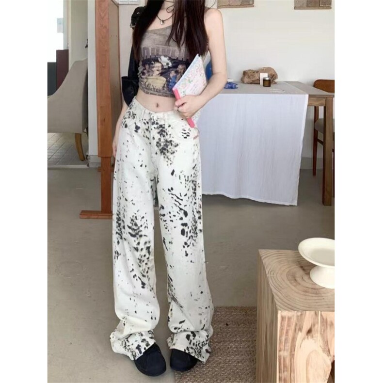 豹纹直筒阔腿牛仔裤女2025秋季新款潮流休闲宽松百搭高腰拖地裤子,男装牛仔裤,星座506A