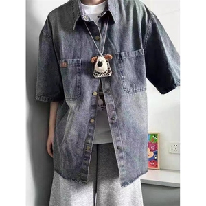 美式复古水洗牛仔短袖衬衫夏季潮牌宽松百搭半截袖上衣MJK17图片