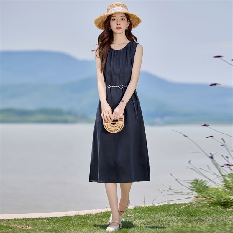 法式高级感气质连衣裙女2026夏季新款巨好看独特漂亮无袖收腰裙子,女装连衣裙,美沁