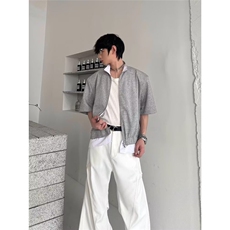 2025新款假两件短款垫肩短袖外套男生夏季痞帅高级感美式短T，男装T恤，星座506A