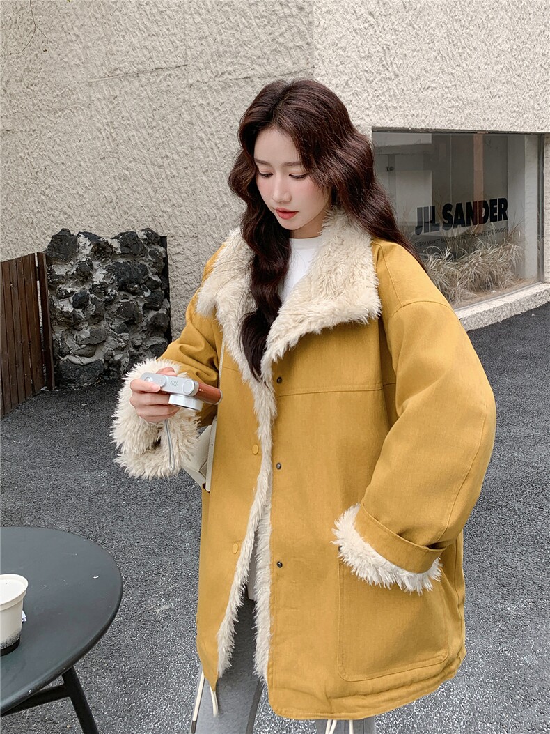 姜黄色羊羔毛拼接派克服女2025冬季新款韩系皮毛一体加绒加厚棉服,女装短外套,2B156