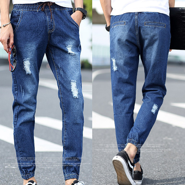NZ04男士休闲大码牛仔裤破洞乞丐裤九分束脚裤松紧抽绳青少年裤子，男装牛仔裤，星座115A-2
