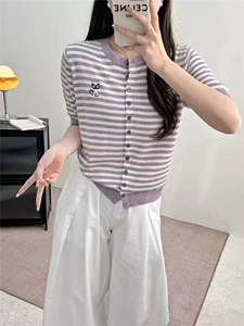 夏季圆领条纹针织短袖开衫女猫咪刺绣宽松半袖T恤上衣百搭打底衫图片
