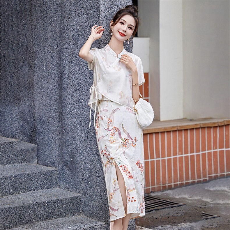 现货新中式套装女新款夏季气质时尚绝美改良旗袍两件套,女装套装/套裙,韩美纤衣