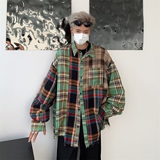 美式高街拼色格子长袖衬衫春秋小众设计感宽松休闲衬衣外套潮，男装衬衫，星座716-2