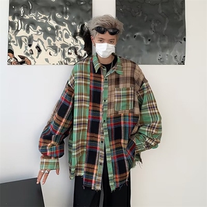 美式高街拼色格子长袖衬衫春秋小众设计感宽松休闲衬衣外套潮图片