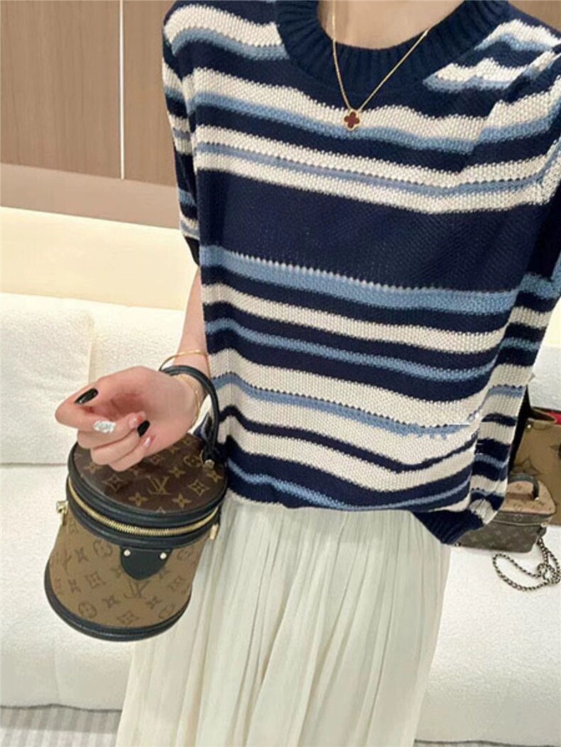 法式条纹针织短袖女薄款宽松夏季T恤女气质,针织衫/毛衣,圣旺供货