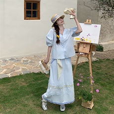 韩系夏日穿搭衬衫套装裙女夏季ootd穿搭超火搭配两件套巨好看绝美，女装套装/套裙，2C108