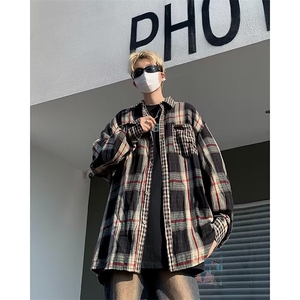 古欧式拼接格纹长袖衬衫男女同款美式撞色宽松百搭打底衫C146/P50图片