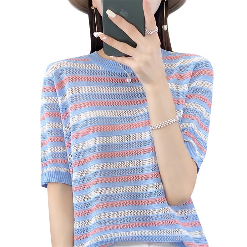 圆领条纹撞色冰丝针织t恤女24夏季新款短袖薄款镂空打底短款上衣,女装T恤,秋虹羊绒