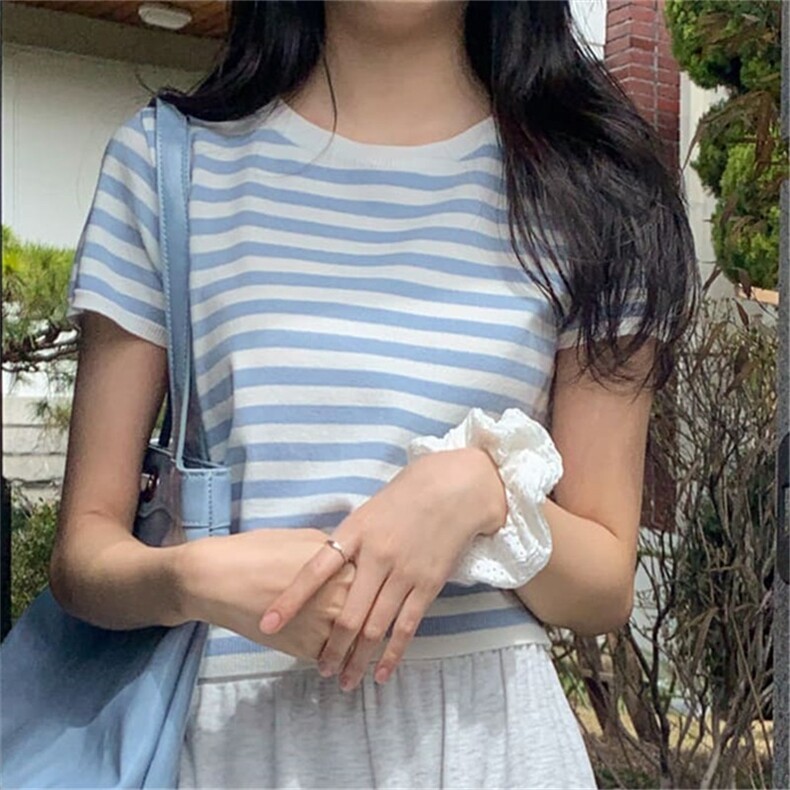 时尚气质条纹短袖针织衫简约百搭圆领套头毛衣通勤休闲显瘦上衣图片