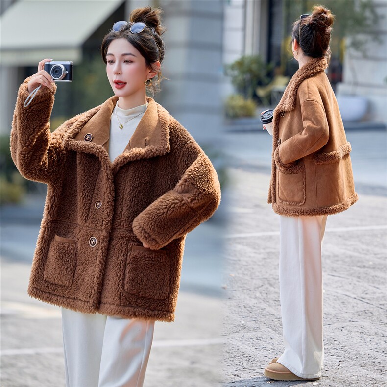 时尚两面穿皮毛一体羊羔毛外套女2025冬季新款加厚保暖鹿皮绒棉服,女装棉衣/棉服,意芙