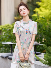 新中式印花改良旗袍女2026夏季新款气质上衣，女装T恤，美沁