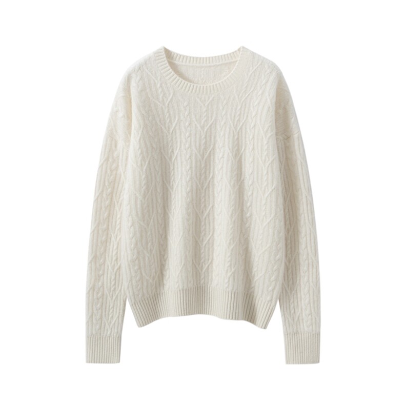 2025春秋新款羊绒衫女100纯山羊绒圆领绞花上衣纯色加厚针织套衫，女装羊绒衫，雪山红莲