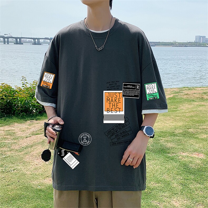 JT55121-P25假两件短袖t恤男大码胖子半袖体恤半截袖港风,男装T恤,电商A040