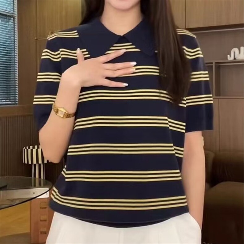 2025夏季新款翻领冰丝短袖T恤女宽松显瘦薄款Polo领针织条纹上衣,针织衫/毛衣,萱芳婷羊绒