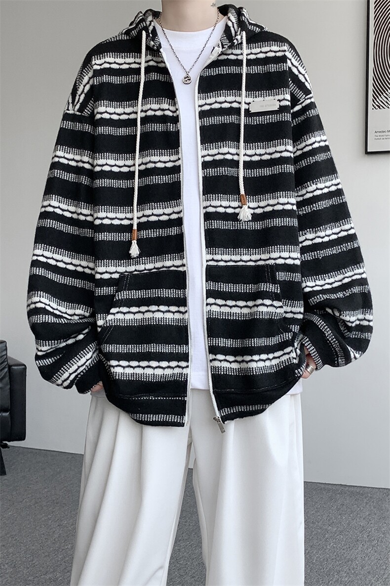 8XL-M潮情侣美式磨毛编织条纹针织衫卫衣宽松拉链外套WY30P88,男装针织衫/毛衣,电商D206-1