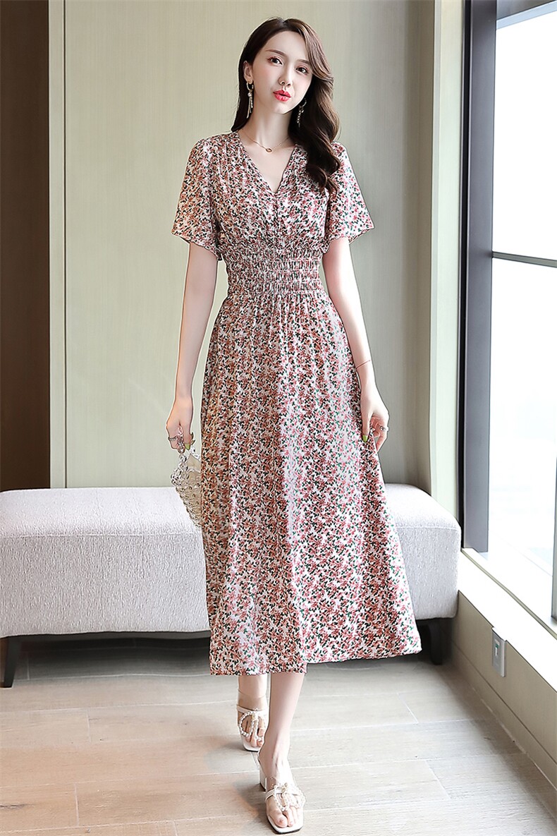 2025夏季现货碎花包扣高腰长款连衣裙,女装连衣裙,1C078