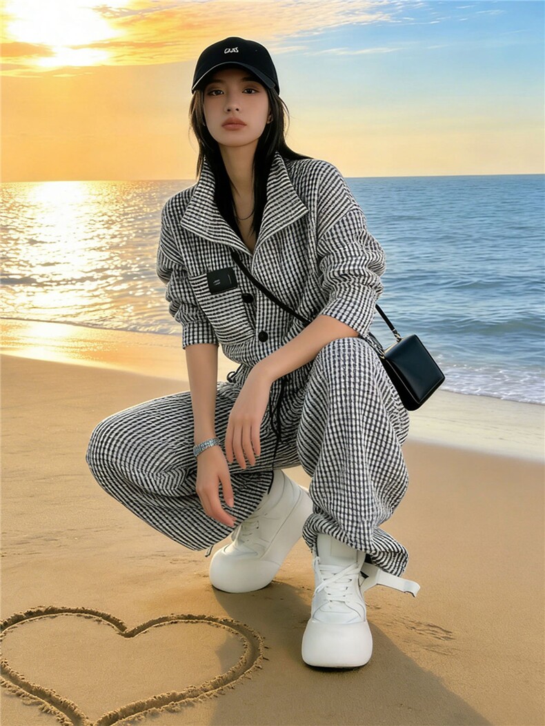 小个子穿搭时尚套装女春季新款洋气减龄立领条纹外套阔腿裤两件套,女装套装/套裙,江南