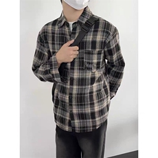 美式格子衬衫男款潮牌复古长袖衬衣高街休闲情侣外套CS35-P40，男装衬衫，星座208-5