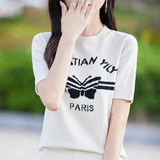 2025早春新款蝴蝶字母提花圆领高端T恤女法式,女装T恤,斯美雅电商供货,清河羊绒市场 2025早春新款蝴蝶字母提花圆领高端T恤女法式,女装T恤,斯美雅电商供货,清河羊绒市场