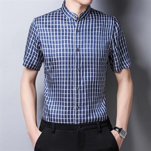 新款轻奢打底上衣短袖宽松格子免烫衬衫潮休闲日常男士衬衫图片