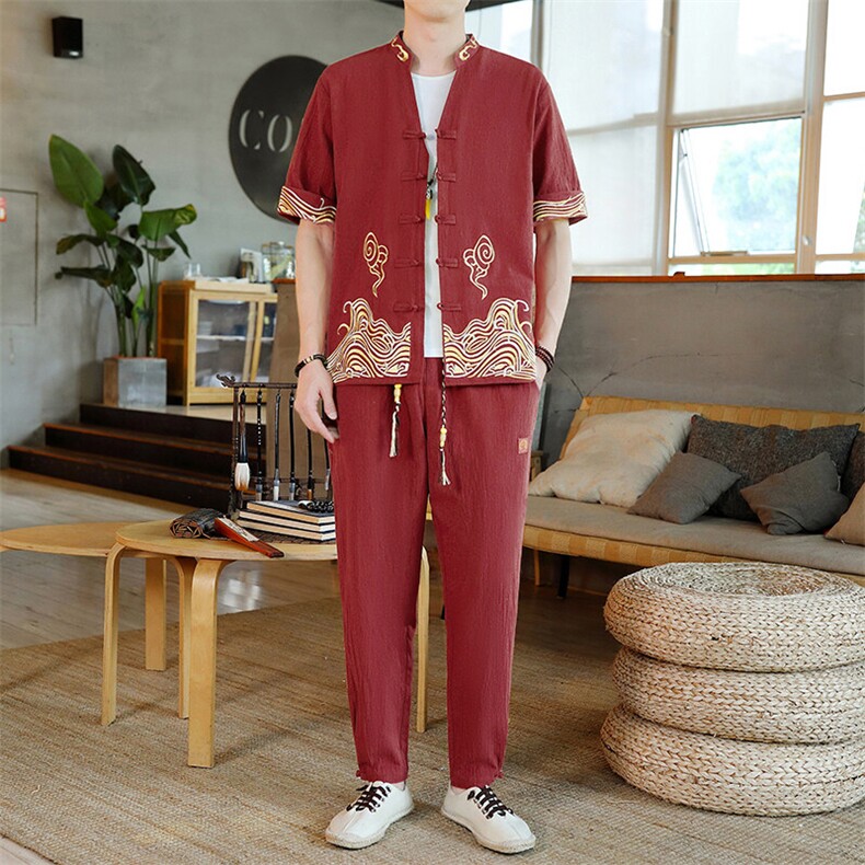 2025新款风男装夏季短袖开衫唐装男汉服套装一套-7717-P60,男装休闲套装,星座1105