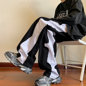 8XL-M 特大码美式高街ins小众vibe鸳鸯黑白拼接直筒牛仔裤K929P60图片
