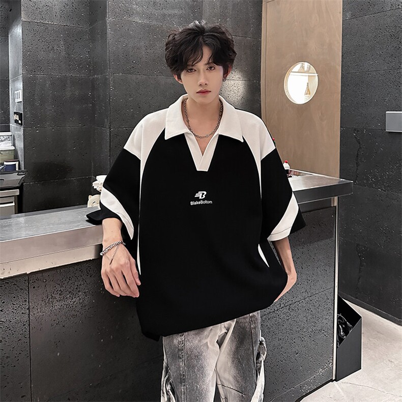 夏季宽松翻领美式高街解构拼接短袖潮XZ808-WH038-P48图片