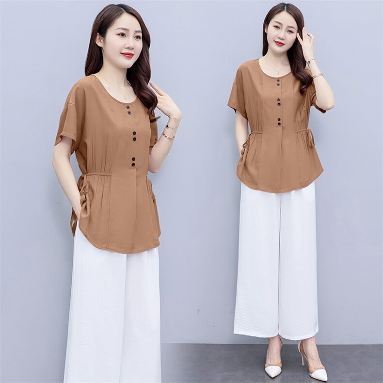天丝棉麻套装2025夏季新款宽松大码女装显瘦减龄阔腿裤亚麻两件套，女装套装/套裙，兰菲阁
