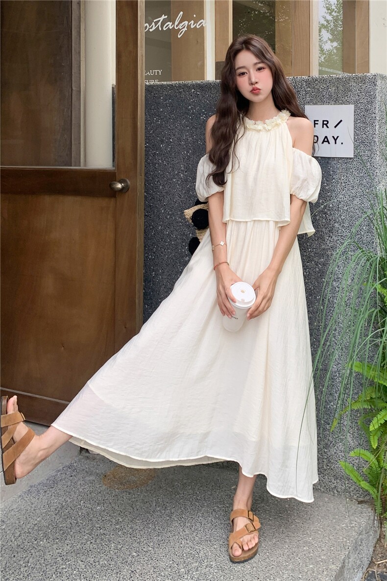 设计感露肩立体花朵领口假两件拼接长裙2025夏季慵懒风温柔连衣裙,女装连衣裙,2D078
