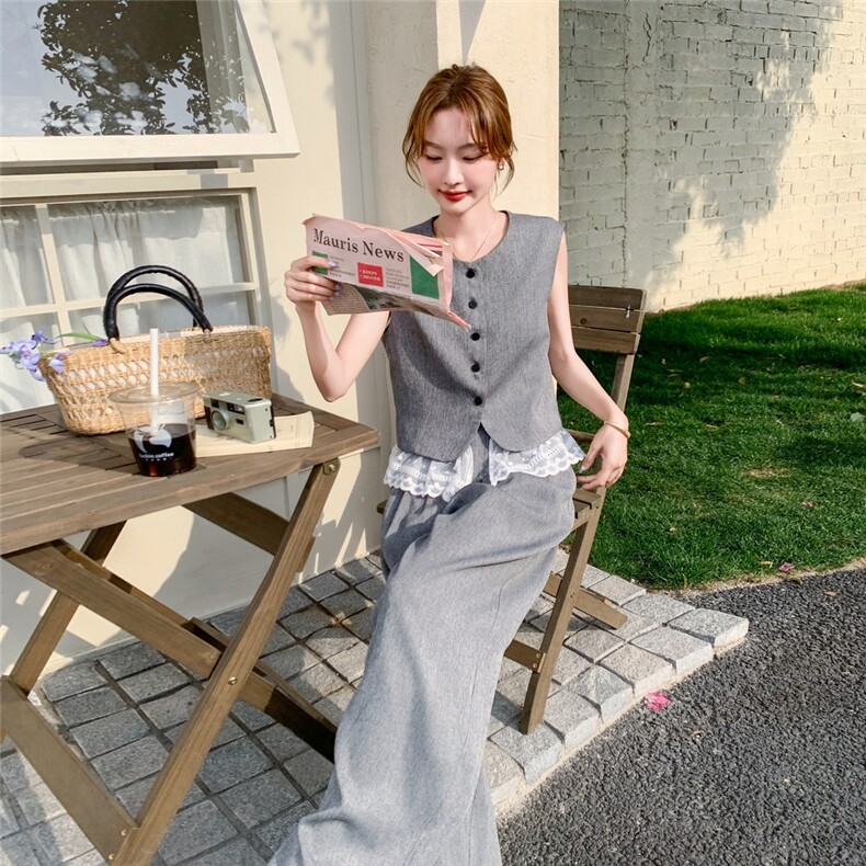 复古气质西装马甲套装女2025夏季新款高级感老钱风拼接半身裙套装,女装套装/套裙,红龙果