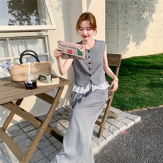 复古气质西装马甲套装女2025夏季新款高级感老钱风拼接半身裙套装，女装套装/套裙，红龙果