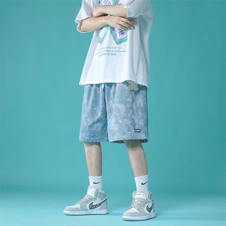 夏季百搭休闲工装裤街头潮牌ins扎染牛仔短裤男嘻哈宽松K994-P28,男装牛仔裤,星座512-2