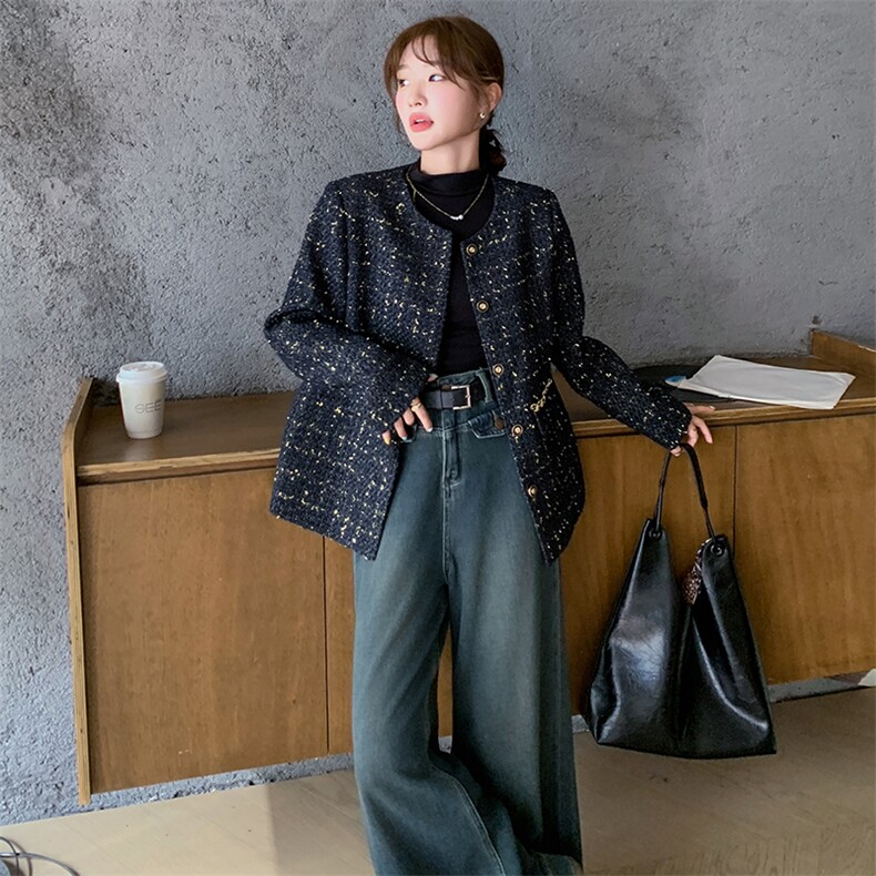 高级感藏青色小香风外套女春秋韩系超好看名媛爆款流行气质上衣，女装羽绒服，鑫慧