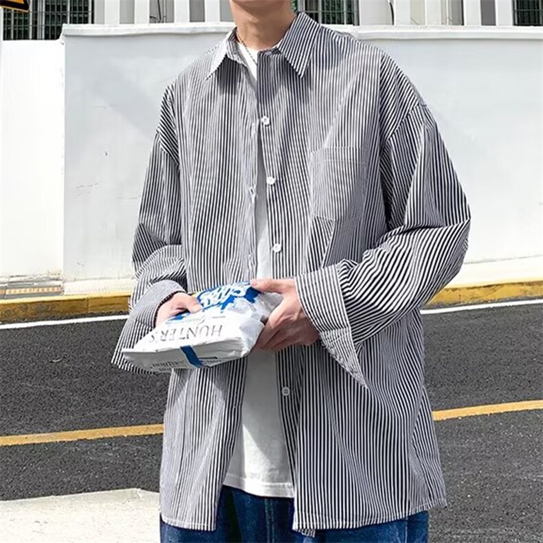 GS05P55现货韩版百搭春秋季港风长袖衬日系宽松长袖条纹衬衣男,男装衬衫,星座1108-5