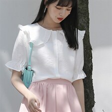 法式娃娃领短袖衬衫女2021夏季新款甜美设计感小众超仙小清新上衣图片