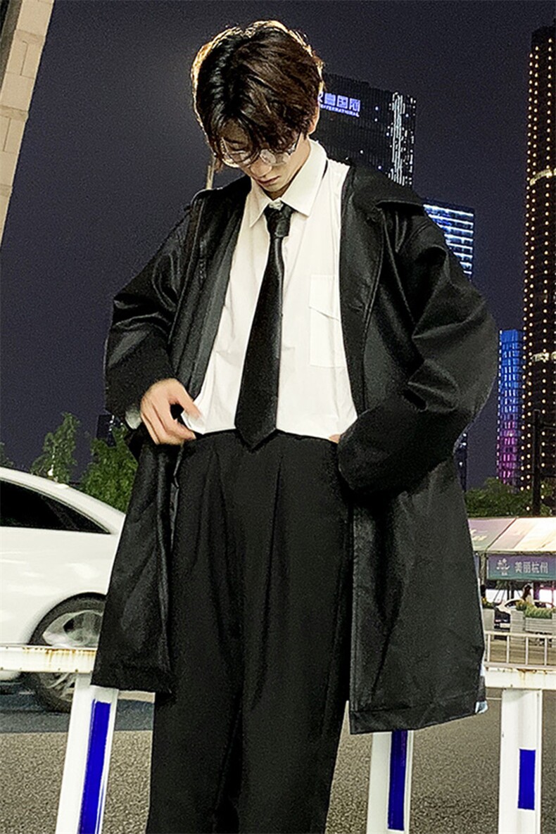 港风后背字母印花皮风衣男中长款过膝外套A090-FY90P115限138,男装风衣,电商A089-1